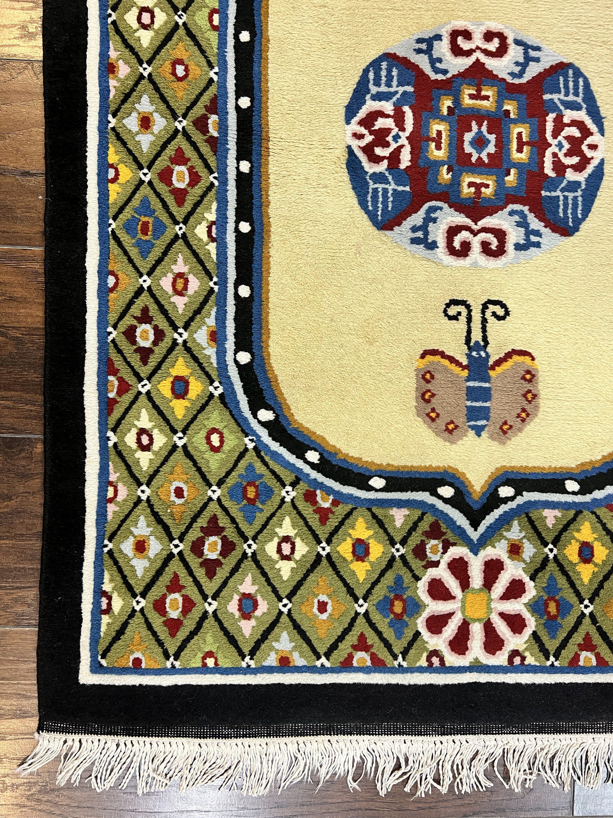 Chinese Rug 3x6 ft, Chinese Wool Rug, Tiensin Rug, Handmade Wool 3 x 6 Vintage Peking Rug, Art Deco Rug, Butterflies - Jewel Rugs, view 8