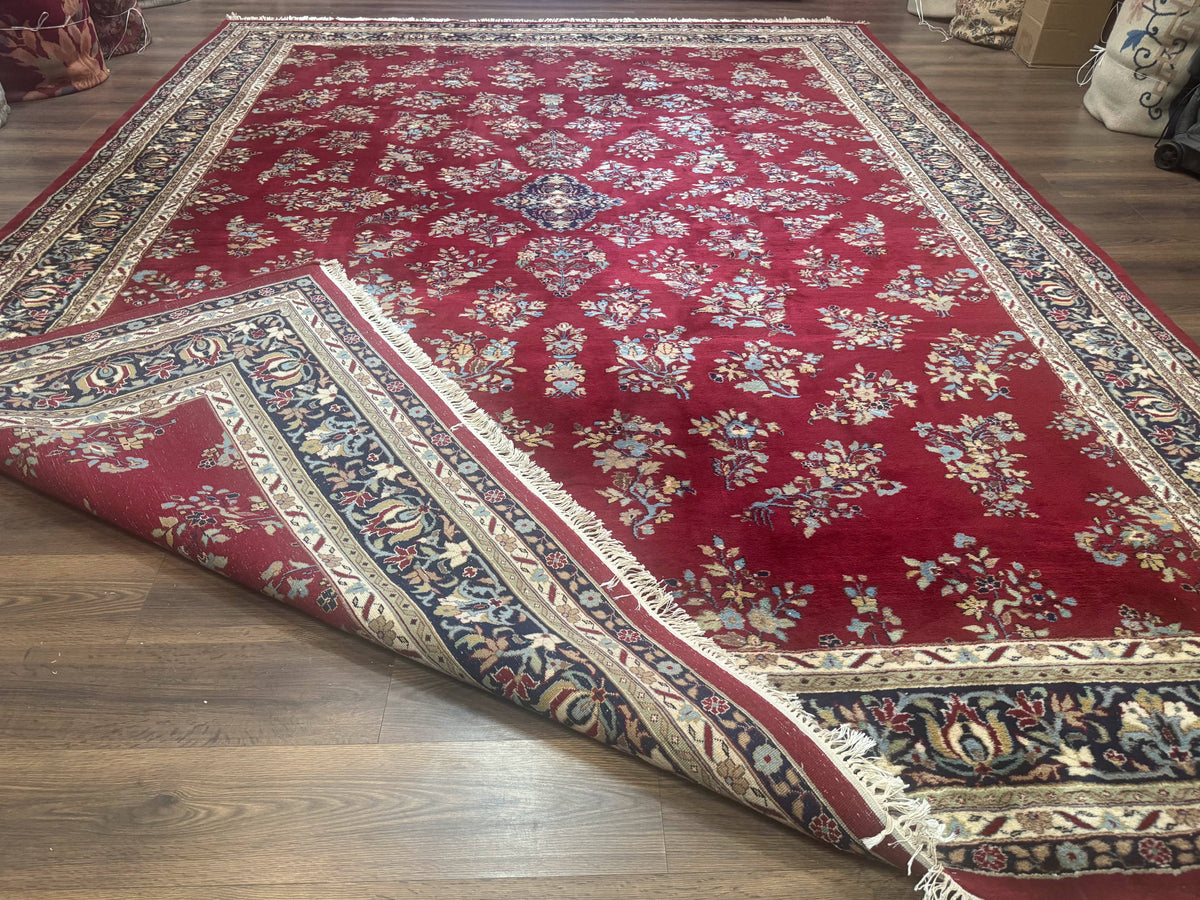 Indo Persian Sarouk Rug 10x14, Large Red and Navy Blue Carpet, Traditional Floral Wool Rug - Jewel Rugs, view 12
