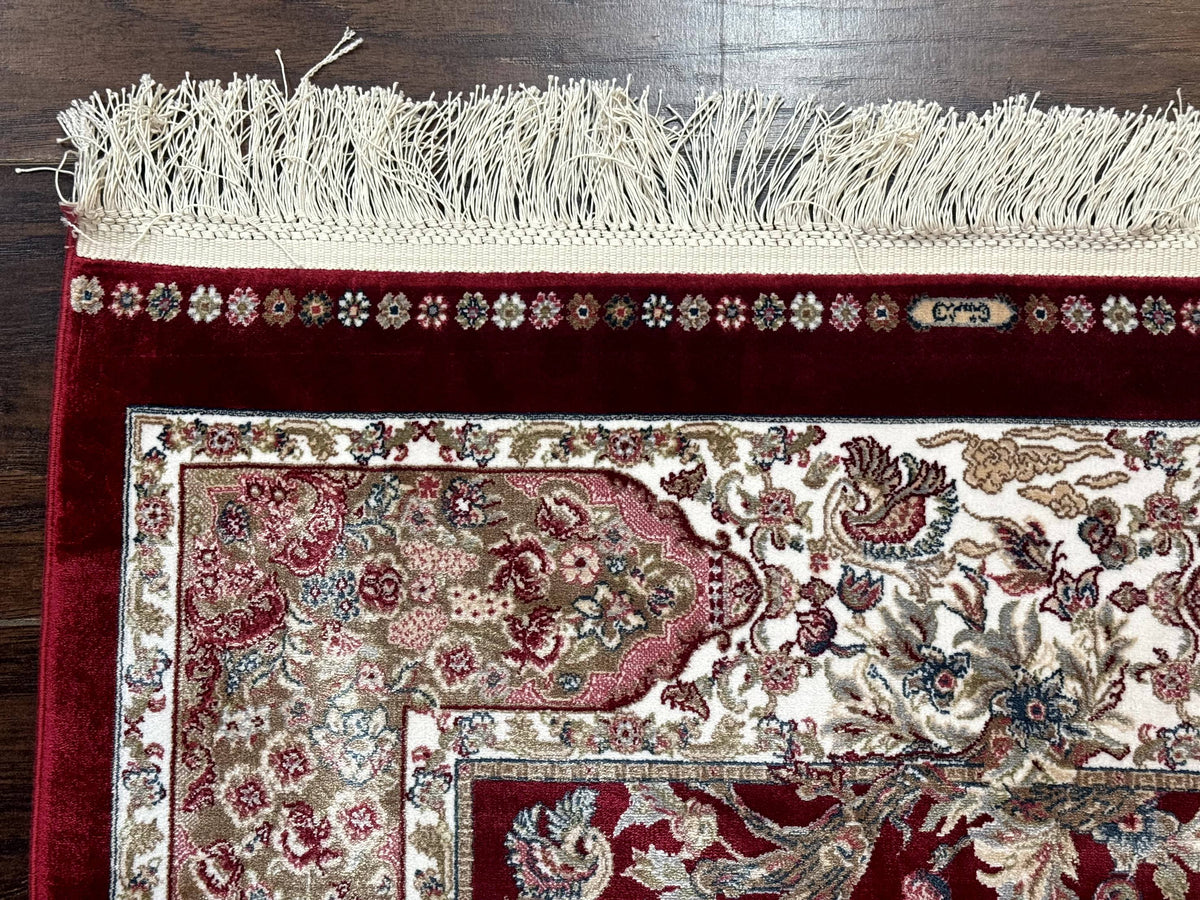 Dark Red Turkish Silk Rug 2.6 x 4, Hunting Design Scene, Bamboo Silk - Jewel Rugs, view 7