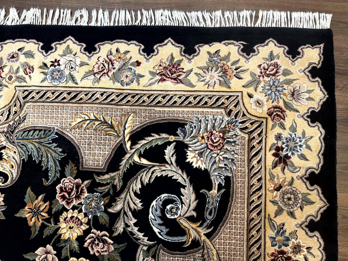 Aubusson Rug 9x12, Black and Beige, Floral, Elegant Handmade French European Design Carpet - Jewel Rugs, view 8