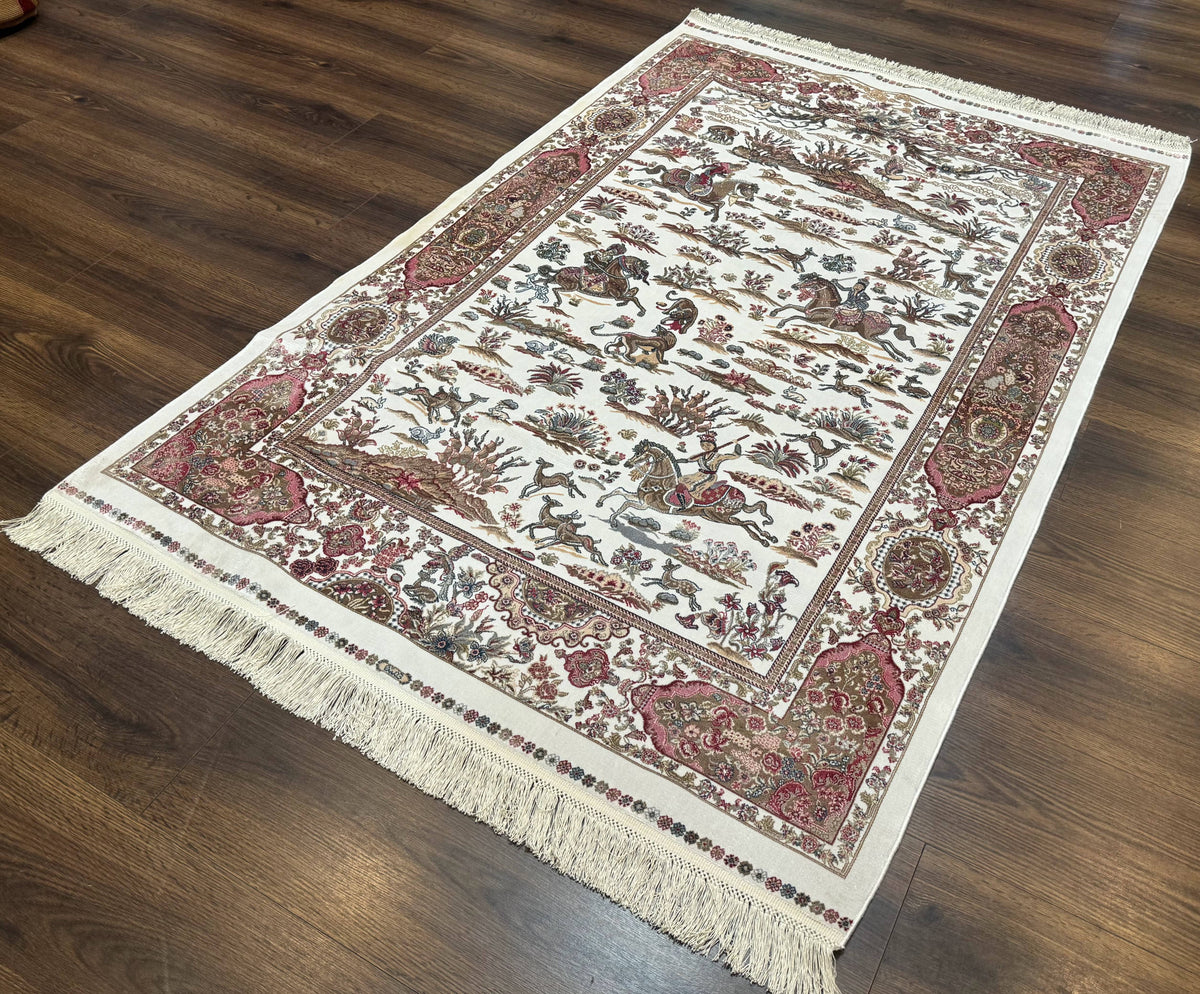 Turkish Silk Hunting Scene Rug 4x6, Ivory, Bamboo Silk, New - Jewel Rugs, view 3