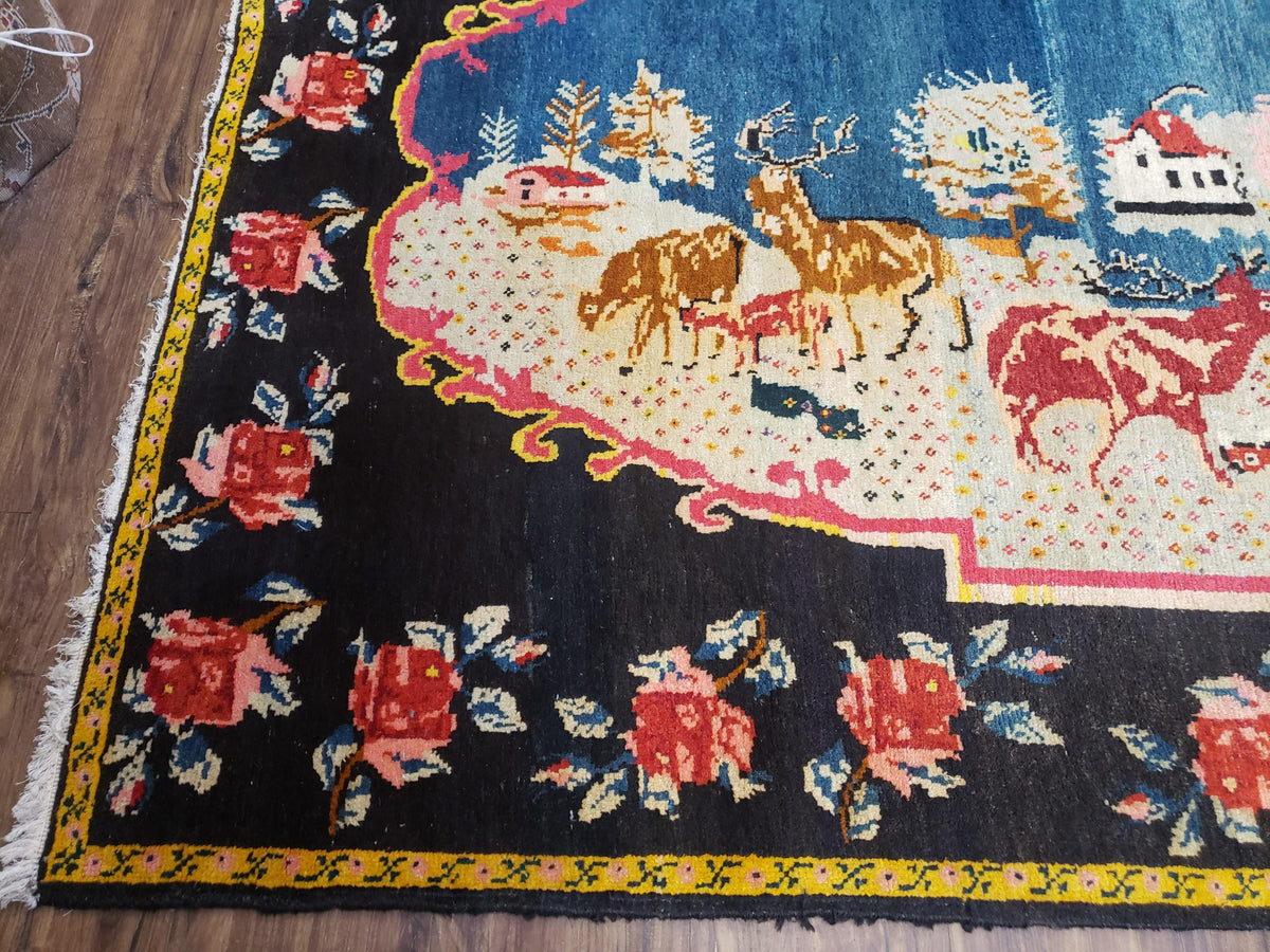 Antique Persian Pictorial Rug 4'6" x 9', Wool Hand-Knotted Blue Roses Karabagh Caucasian Carpet, 1920s Girl Deer Tapestry Wall Hanging Rug - Jewel Rugs, view 8