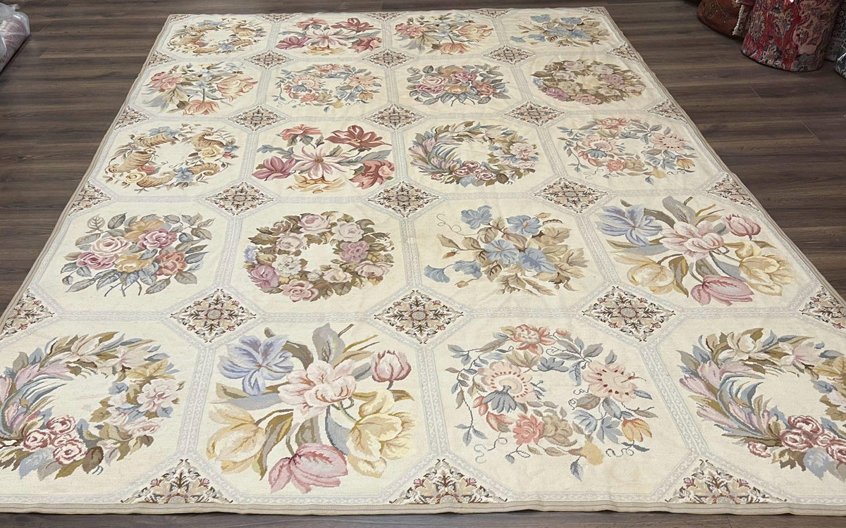 Vintage Needlepoint Rug 8x11, Floral Panel Design, Flatweave Handmade Needlepoint Carpet 8 x 11, Room Size Wool Needlepoint Rug, Cream Color - Jewel Rugs, view 2