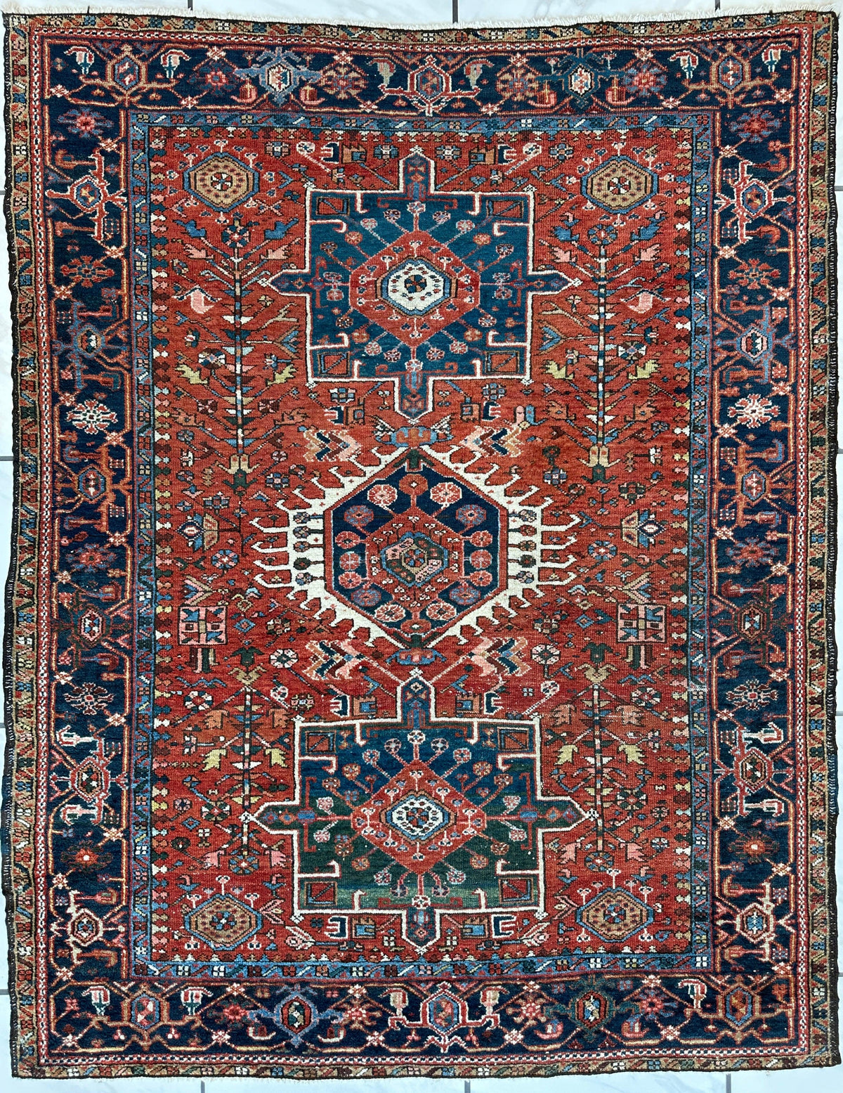 Antique Persian Heriz Rug 5x6 | Rust, Navy & Ivory | Hand-Knotted Wool - Rugistan