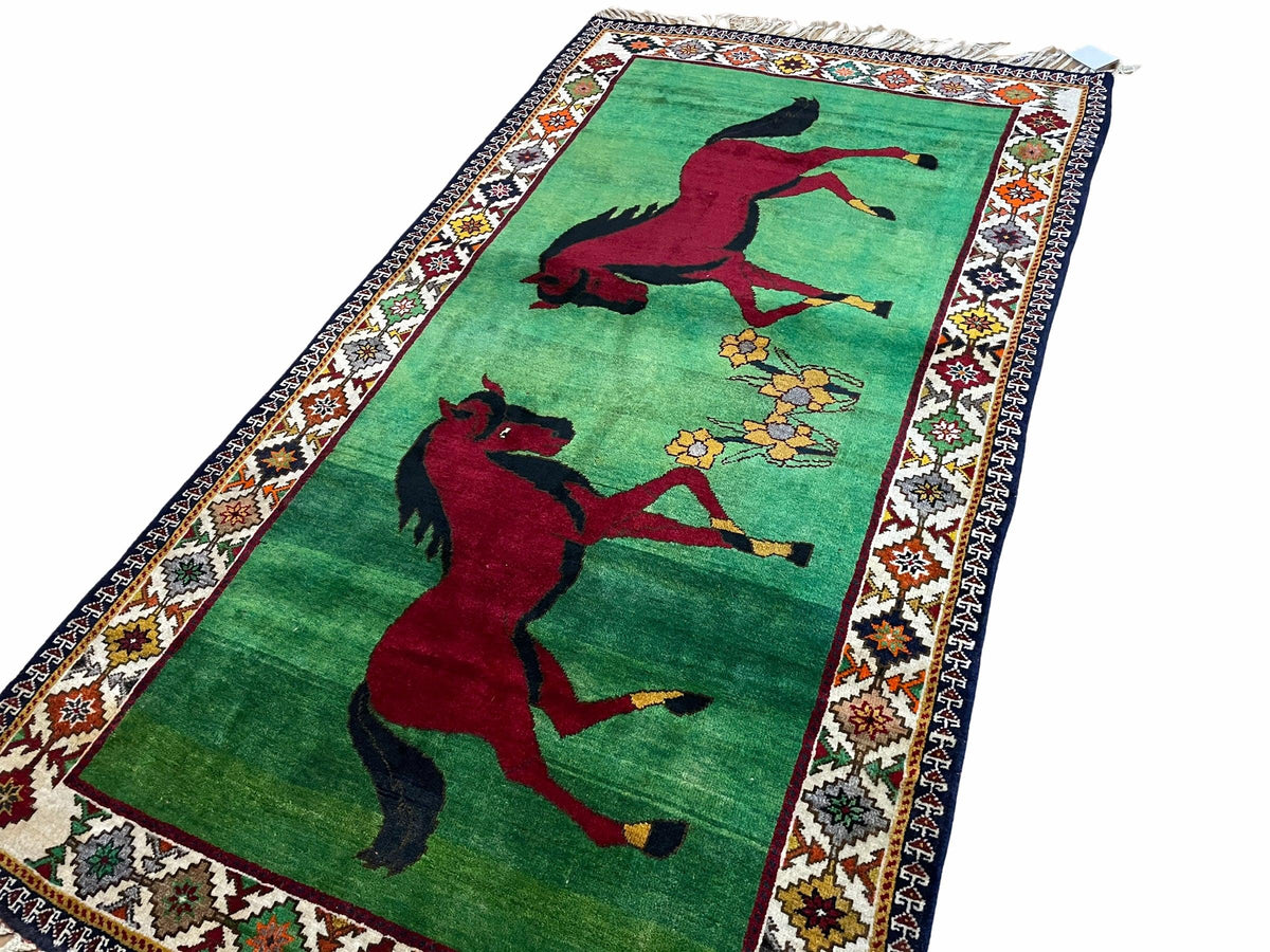 4 X 7 Handmade Rug Zagros Quality Wool Pictorial Horses Green Butterfly Colorful - Jewel Rugs, view 10