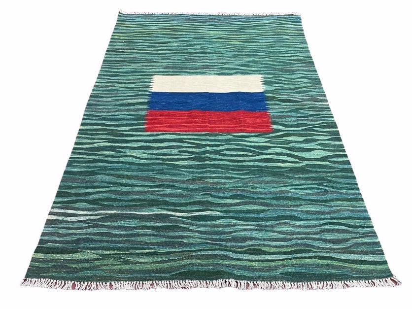 Sea Green Kilim Area Rug, White Blue Red Stripes, Russian Flag Rug, Flatweave Hand Knotted Carpet, Turkish Carpet, Wool, New, 5' 6" x 7' 10" - Jewel Rugs, view 13