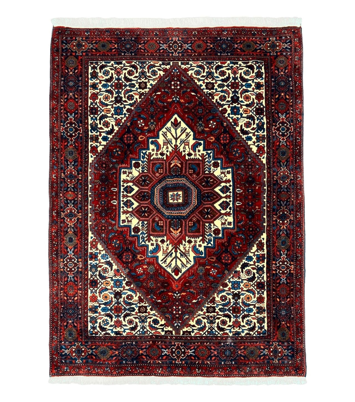 Fine Persian Bidjar Rug 3x5, Geometric Medallion Oriental Bijar Carpet 3 x 5 ft, Ruby Red and Cream, Hand Knotted Wool Rug, Semi Antique Tribal Rug, Nice - Jewel Rugs