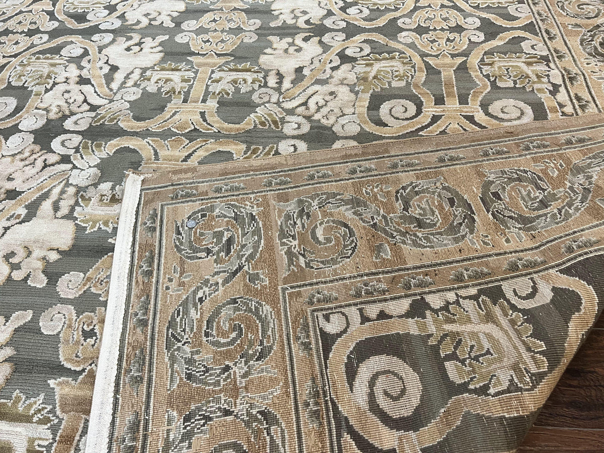 Spanish Rug 11x14, Wool Hand Knotted Vintage Carpet, Olive Green and Beige, Floral Allover, European Design, 11 x 14 Rug - Jewel Rugs, view 11