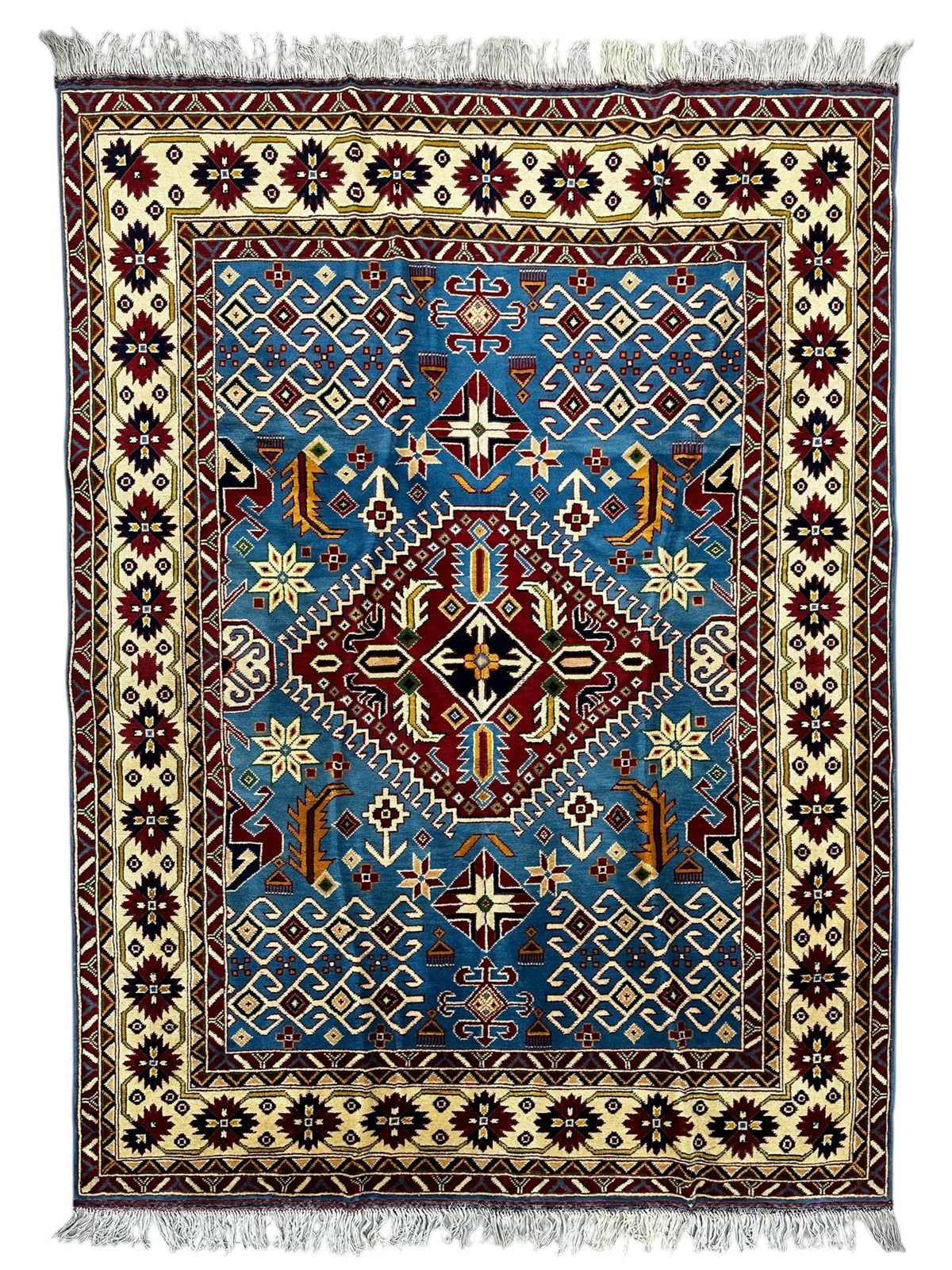 Afghan Kazak Rug 5x7 | Light Blue, Ivory & Burgundy | Hand-Knotted Wool - Rugistan