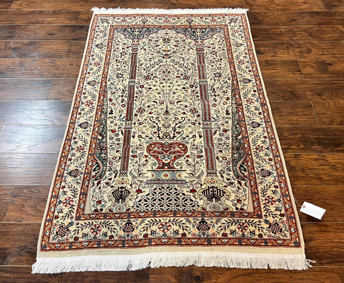 Pak Perisan Prayer Rug 4x6, Tree of LIfe Carpet, Handmade Vintage Wool Rug, Beige, Floral Vases - Jewel Rugs, view 2