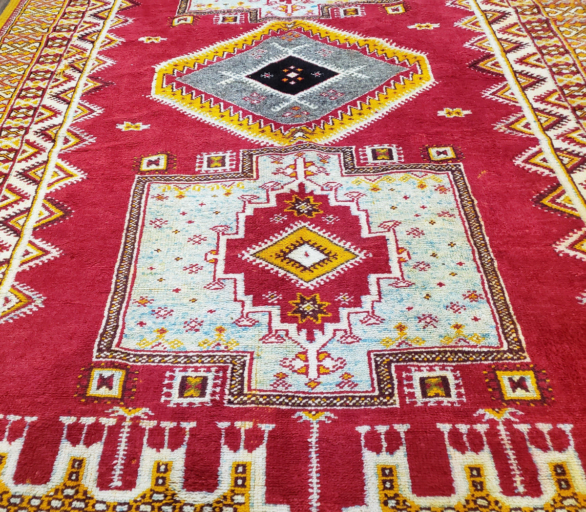 Vintage Moroccan Rug 6x10, Red and Yellow Moroccan Carpet, Handmade Bohemian Tribal Area Rug, Hand-Knotted 1970s Wool Rug, Medalions - Jewel Rugs, view 5