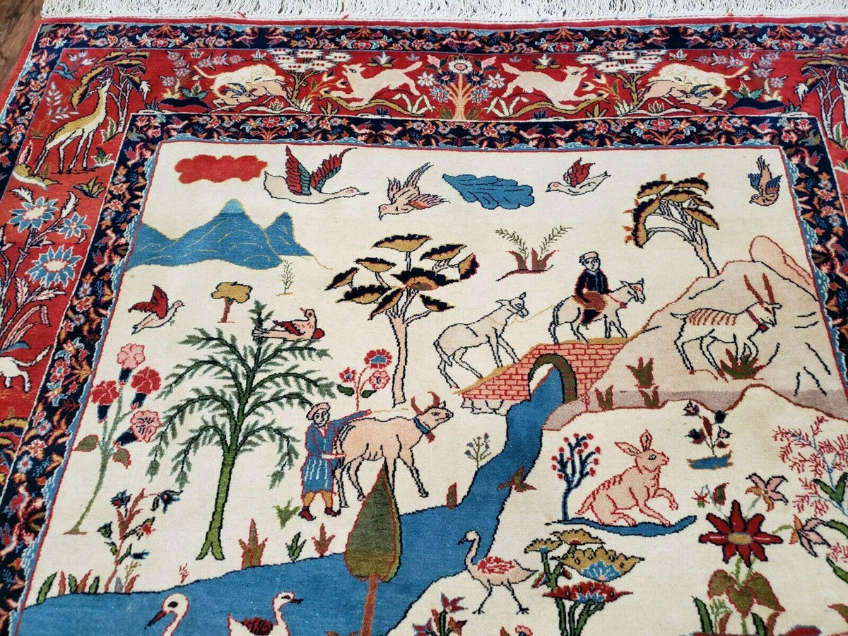 Antique Persian Isfahan Rug 5x7, Animal and Human Pictorials, Hand Knotted Fine Oriental Wool Carpet, Cream and Red, High KPSI, Vintage Rug 5 x 7 ft - Jewel Rugs, view 3