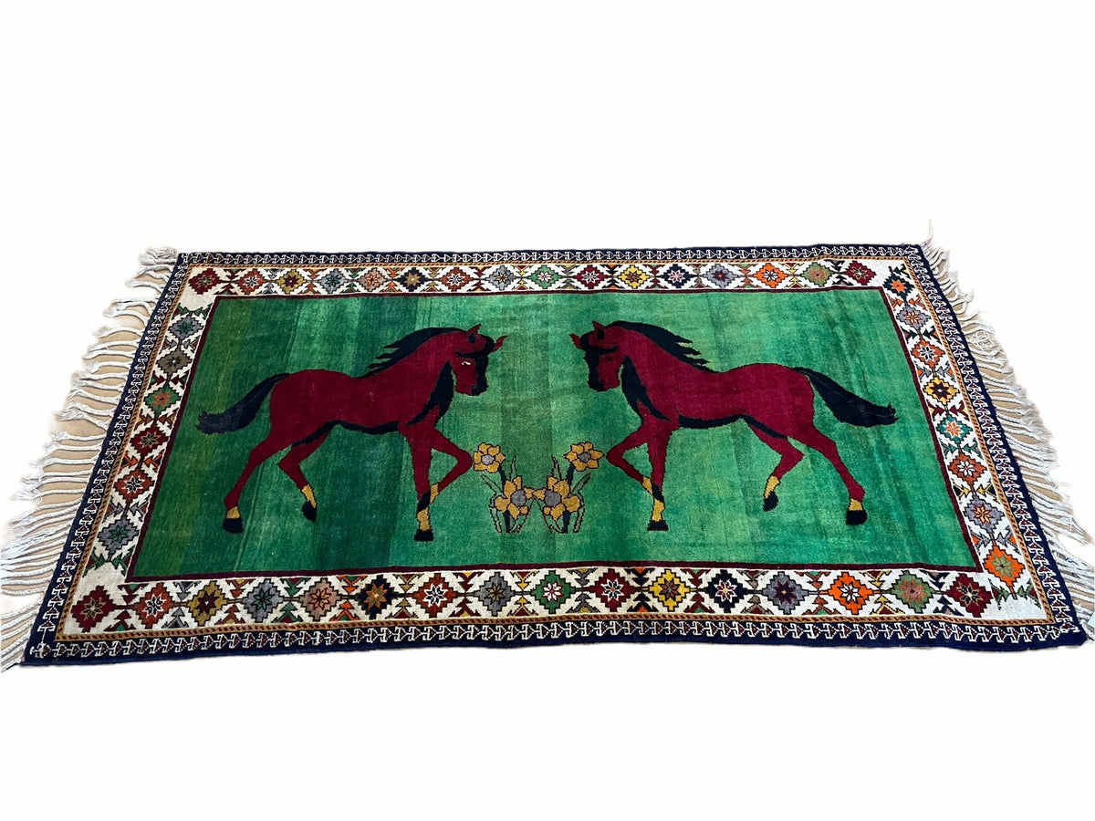 4 X 7 Handmade Rug Zagros Quality Wool Pictorial Horses Green Butterfly Colorful - Jewel Rugs, view 9