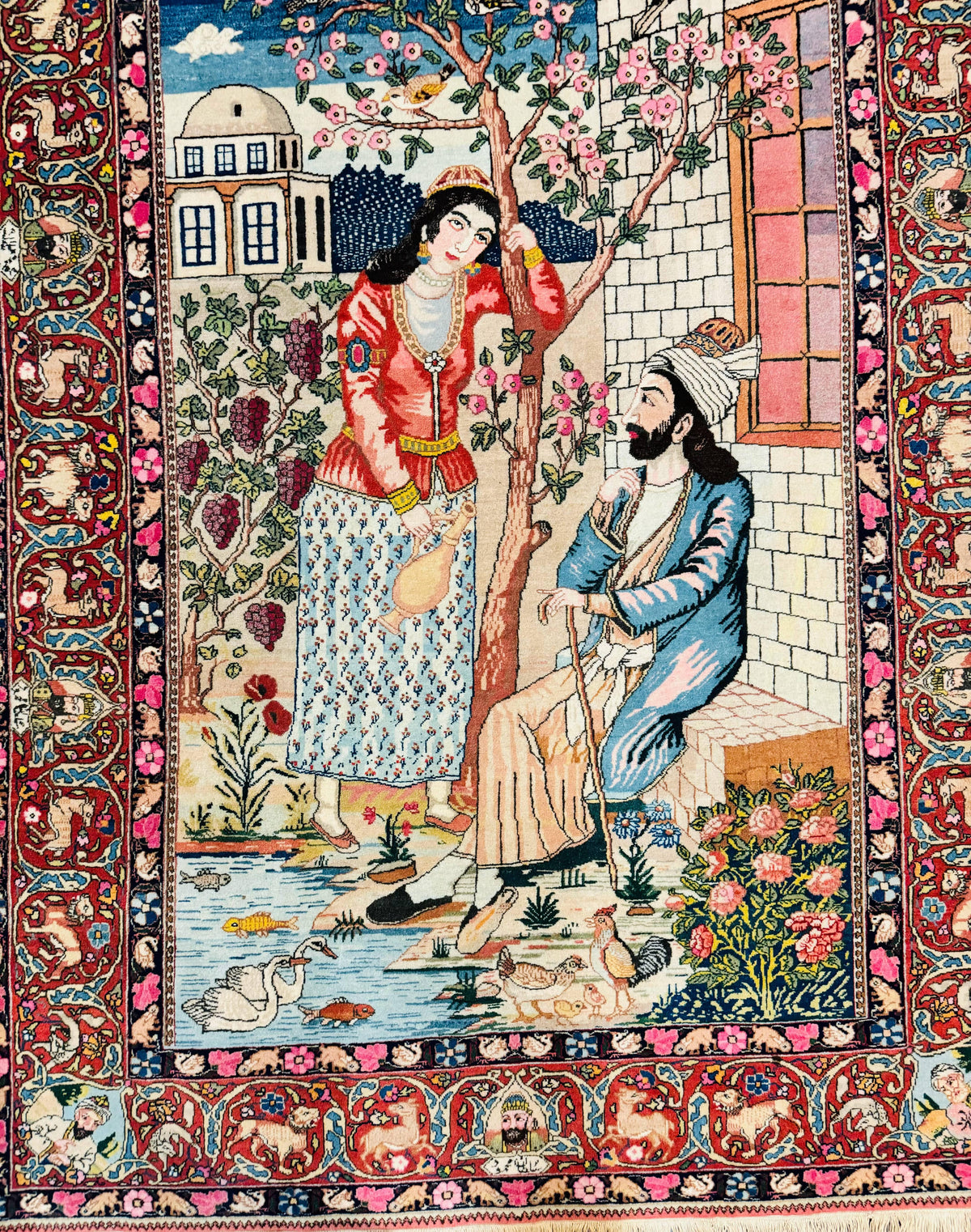 Wonderful Persian Kashan Pictorial Rug 4.7 x 6.5, Persian Rug for Wall Hanging, Handmade Antique Wool Carpet Animal Motifs Poetry Lovers, 240 KPSI - Jewel Rugs, view 5