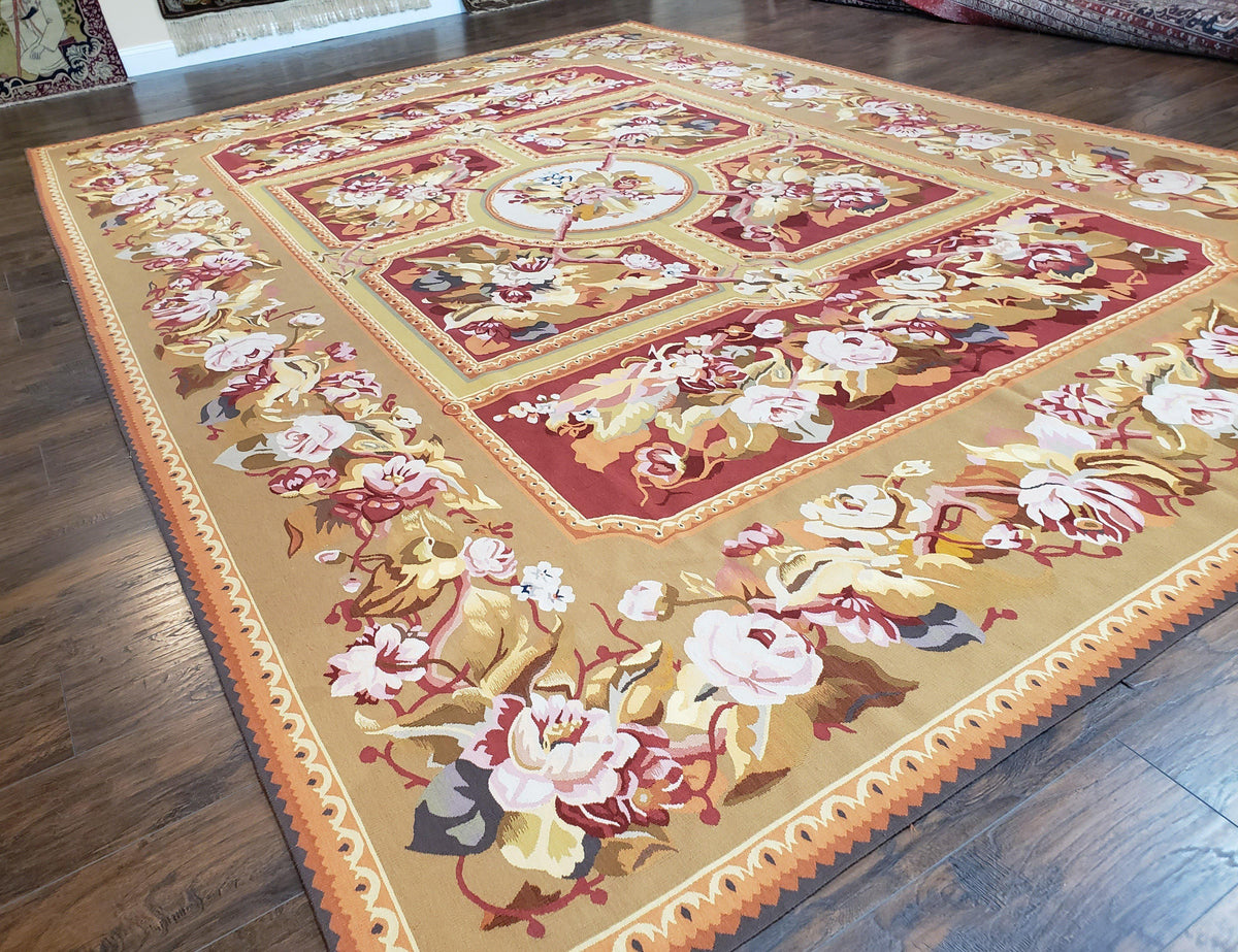 Vintage Chinese Aubusson Savonnerie Flat Pile Rug 9.9 x 14.5 Wool Handwoven Red & Khaki Large Flowers Rug 9x14 - 10x15 Michaelian Kolhberg - Jewel Rugs, view 3