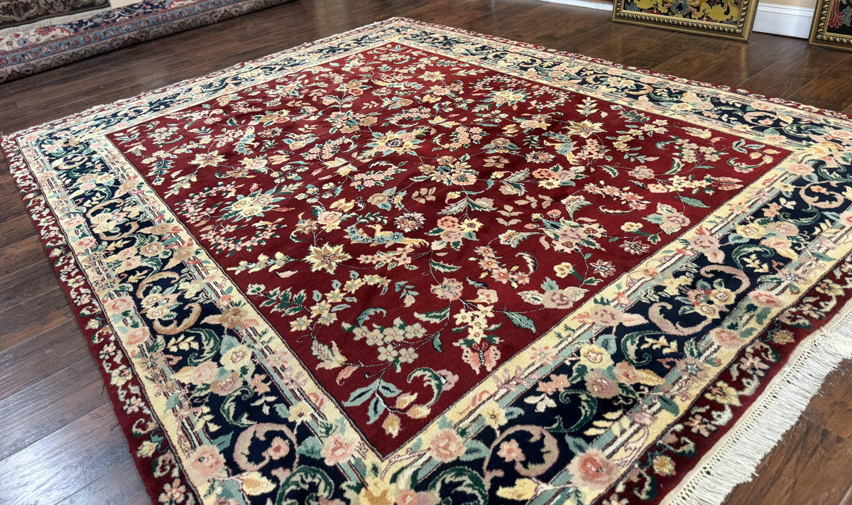 Indo Persian Rug 8x10, Floral Allover with Bird Pictorials, Maroon and Navy Blue, Handmade Wool Area Rug - Jewel Rugs, view 13