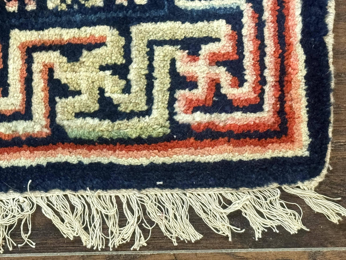 Small Antique Chinese Rug 2x2, Red Blue Square Rug Mat, Handmade, Tibetan Rug - Jewel Rugs, view 10
