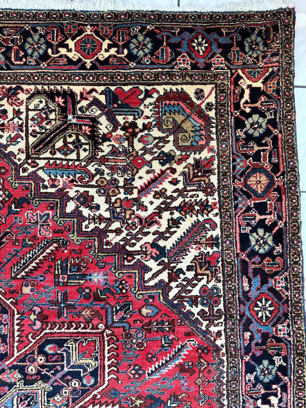 Vintage Persian Heriz Rug 9x12 | Red, Ivory & Navy | Hand-Knotted Wool - Rugistan, view 11