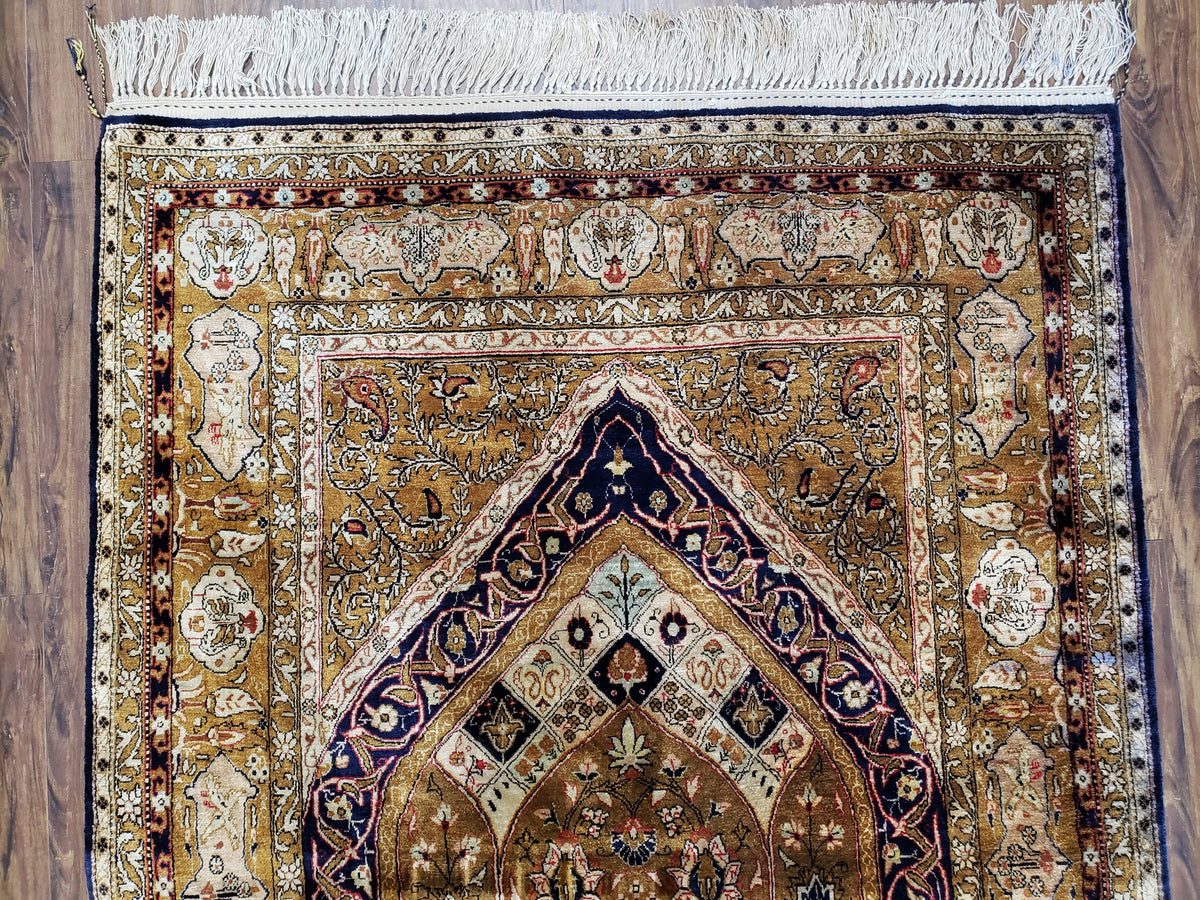 Semi Antique Persian Qum Silk Prayer Rug, Silk, Hand-Knotted, 3'6" x 5' - Jewel Rugs, view 3