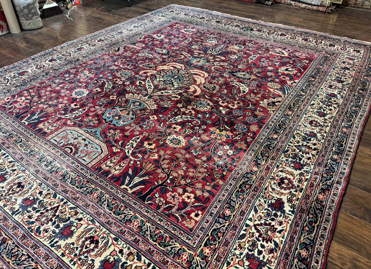 Antique Persian Mashad Rug 10x12, Red and Ivory, Signed by Master Weaver - Jewel Rugs, view 3
