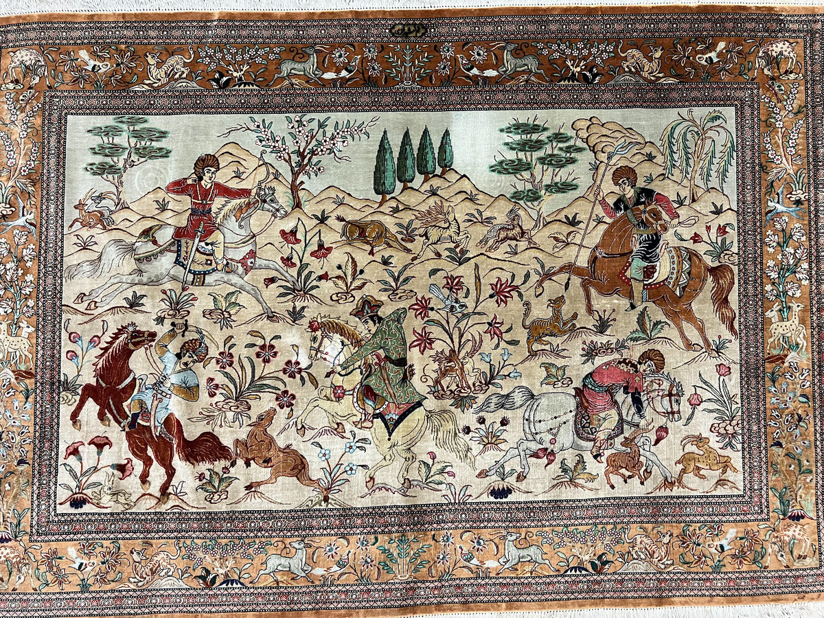Silk Persian Qum Rug 3x5, Hunting Pattern, Handmade Vintage Carpet, Signed by Master Weaver, Horsemen Pictorials, Super Fine 650 KPSI - Jewel Rugs, view 4