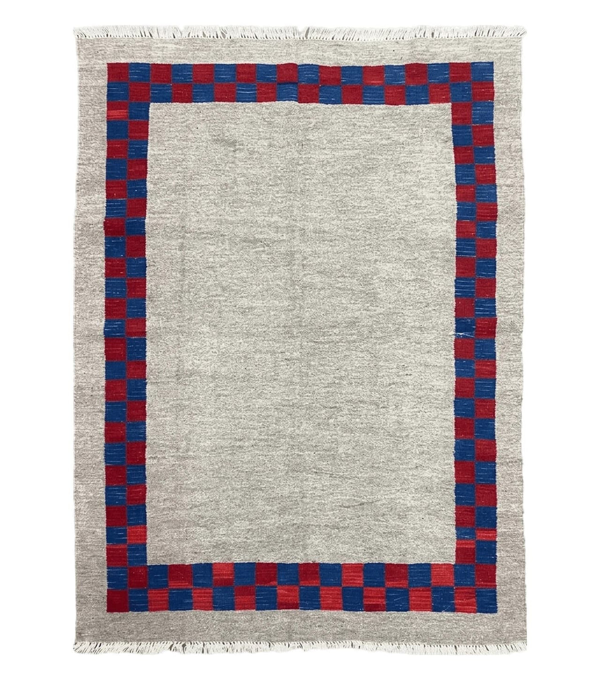 5' 7" x 7' 9" Geometric Kilim Carpet, Gray, Handmade, Hand-Knotted Area Rug, Blue & Red, Flatweave, Wool, New, Checkerboard Pattern - Jewel Rugs