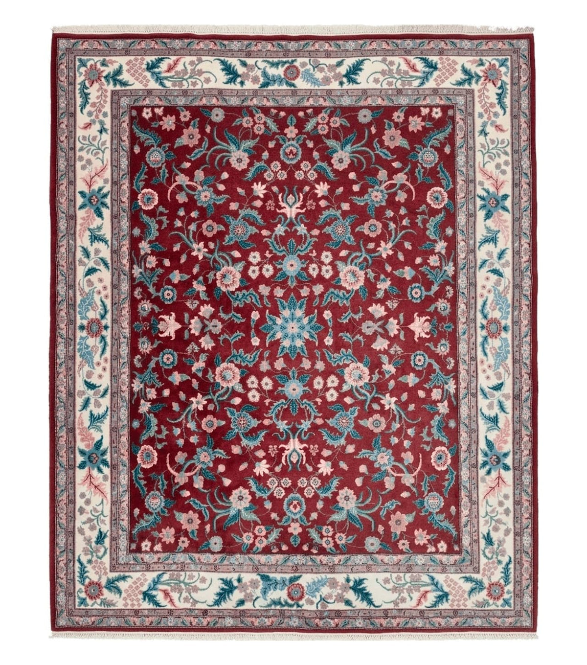 Indo Persian Rug 7.9 x 9.9 ft, Room Sized Indian Carpet, Wool Handmade Vintage Rug, Allover Floral Rug, Traditional Rug, Red Ivory Blue 8x10 - Jewel Rugs