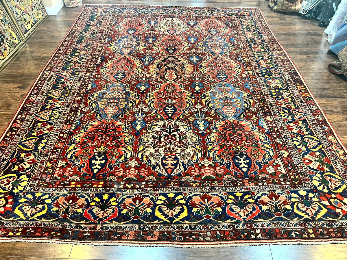 Large Persian Bakhtiari Rug 10x14, Rare Perisan Tribal Rug, Red Blue Ivory Multicolor, Hand Knotted, Semi Antique Carpet - Jewel Rugs, view 13