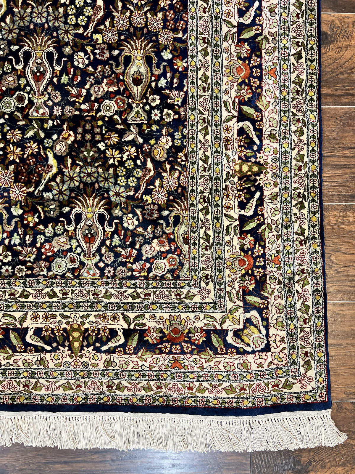 Silk Indian Kashmiri Rug 5x7, Navy Blue Indo Persian Silk Carpet 5 x 7 ft, Hand Knotted Handmade Very Fine Oriental Carpet, 450 KPSI, Birds - Jewel Rugs, view 9