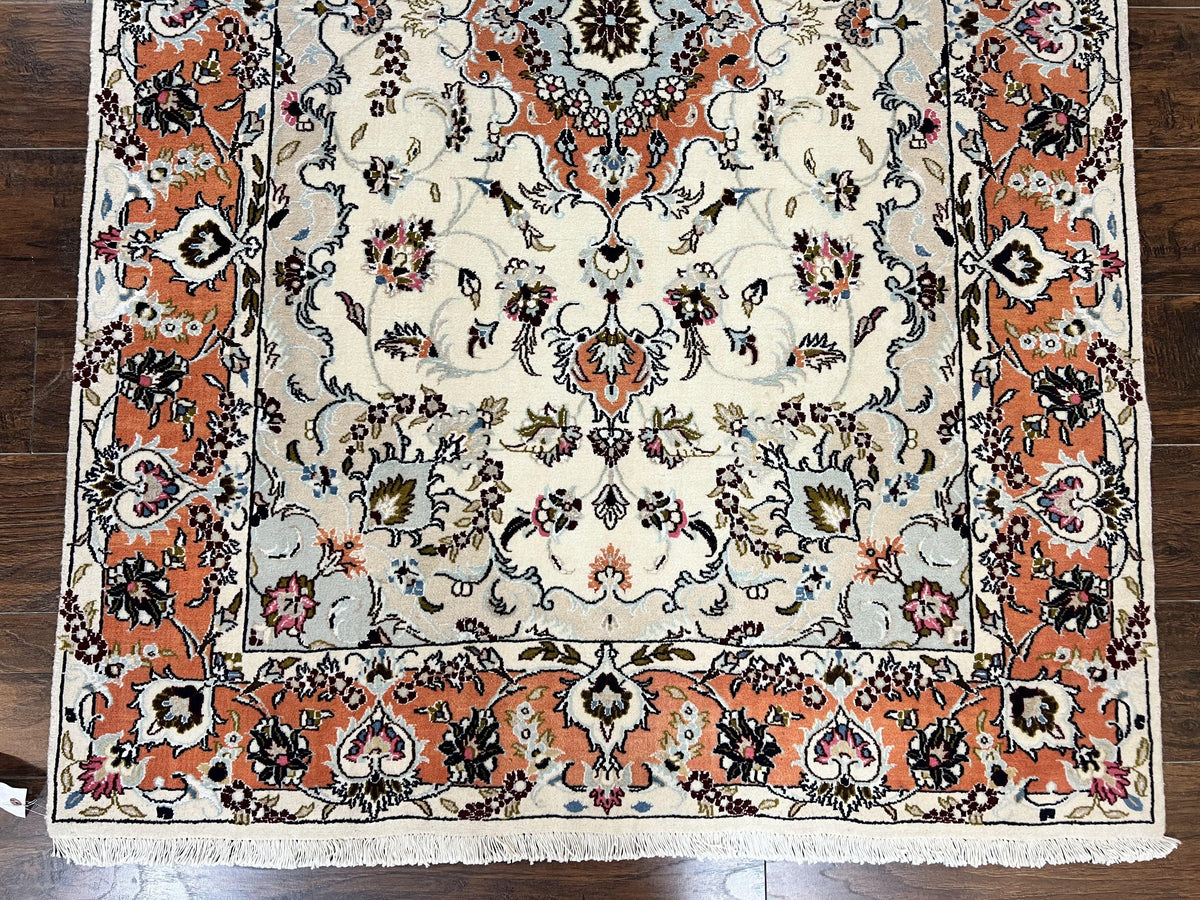 Persian Tabriz Rug 4.5 x 6.8, Finely Hand Knotted Wool with Silk Highlights Vintage Oriental Carpet, Cream and Salmon, High KPSI, Floral Medallion - Jewel Rugs, view 6