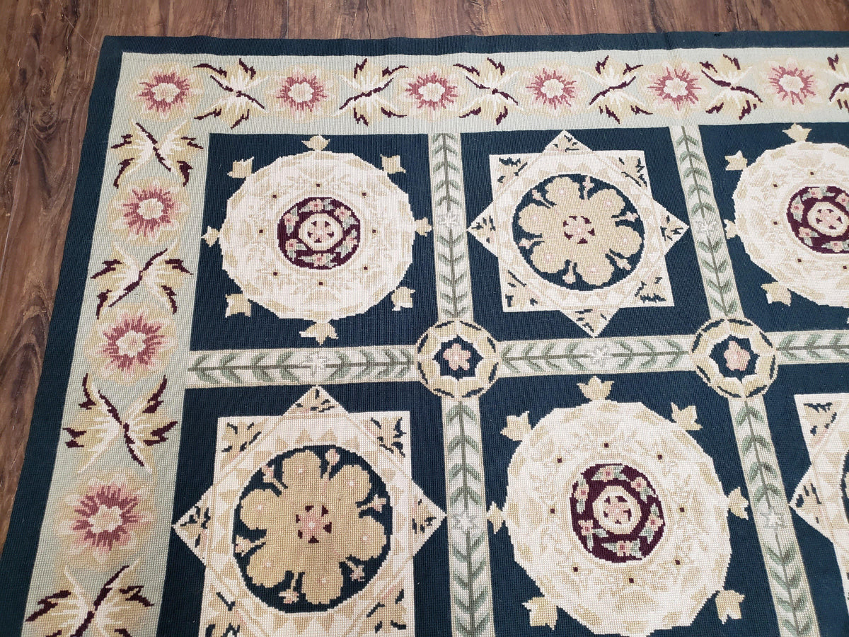 Vintage Chinese Needlepoint Rug 6x9, Panel Design Area Rug Wool Hand-Woven Black & Ivory Carpet Flat Weave Bedroom Rug 6 x 9 Living Room Rug - Jewel Rugs, view 7