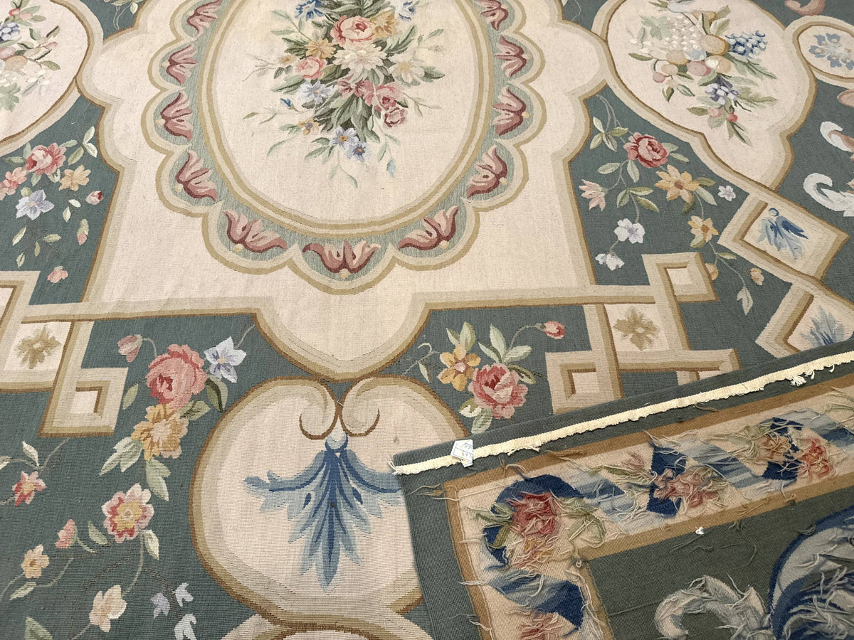 Aubusson Rug 9x12, Muted Sage Green and Cream, European Design - Jewel Rugs, view 11