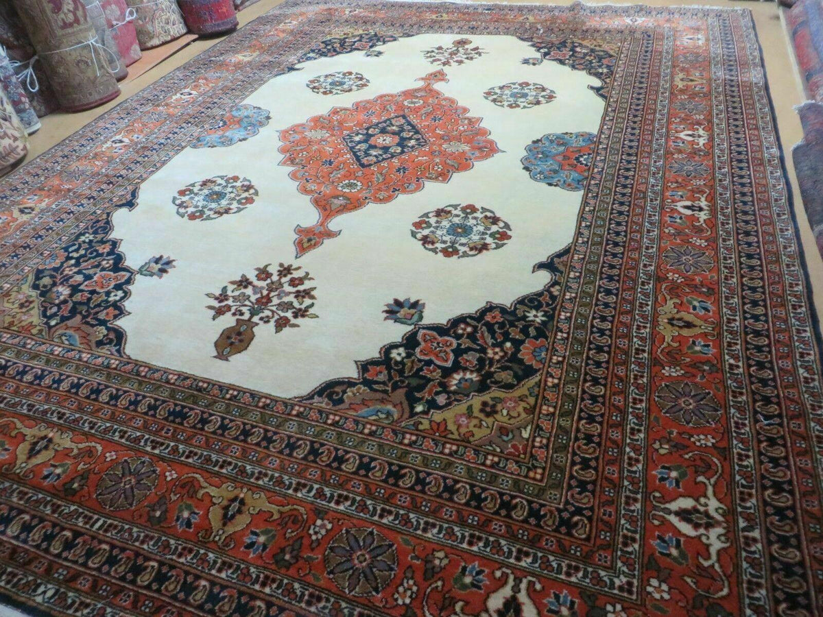 Indo Persian Rug 9x12, Semi Open Field Medallion, Ivory Tomato Red Navy Blue, Hand Knotted Indian Oriental Wool Carpet 9 x 12 ft, Room Sized - Jewel Rugs, view 3