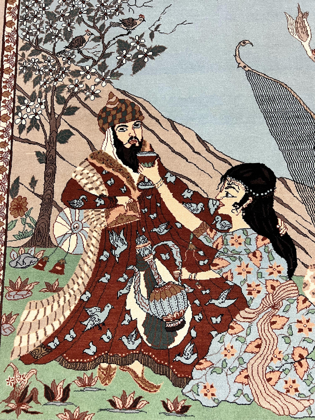 Indo Persian Pictorial Rug 4x7, Handmade Hand Knotted Wool Semi Antique Horizontal Carpet, Men & Women Drinking, Fine Rug, Bird Pictorials - Jewel Rugs, view 12