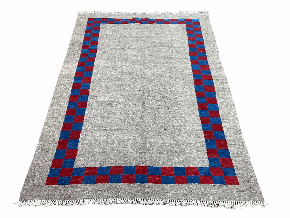 Gray Turkish Kilim Carpet 5' 7" x 7' 7", Medium Kilim Rug, Hand-Knotted, Blue & Red Border, Minimalistic Design, Geometric, Wool, New - Jewel Rugs, view 2