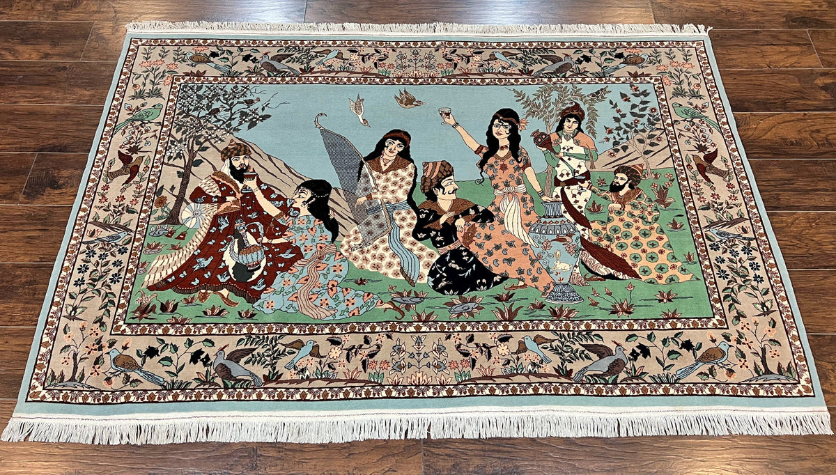 Indo Persian Pictorial Rug 4x7, Handmade Hand Knotted Wool Semi Antique Horizontal Carpet, Men & Women Drinking, Fine Rug, Bird Pictorials - Jewel Rugs