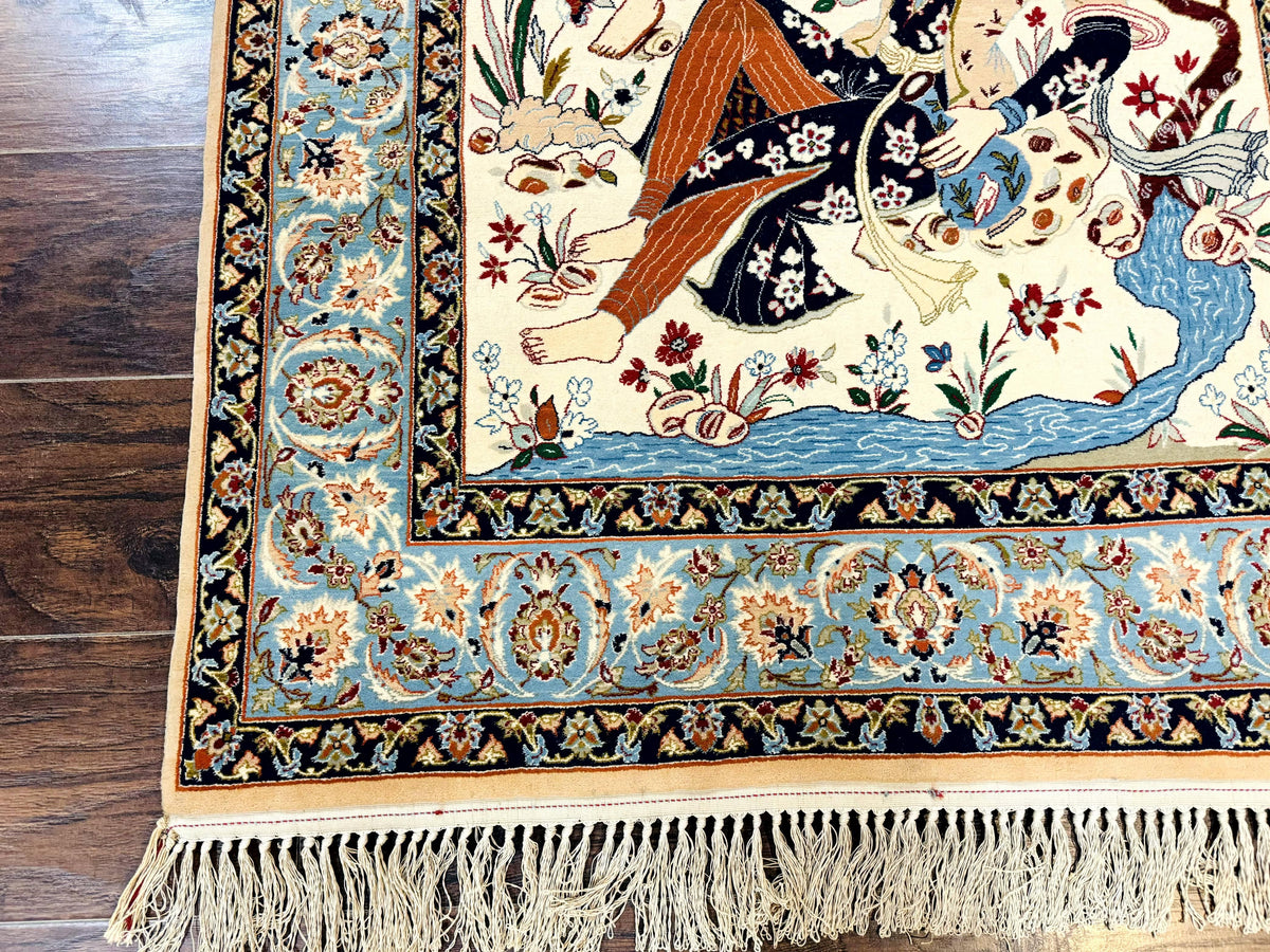 Persian Isfahan Pictorial Rug, Two Lovers, Kork Wool on Silk Foundation, Ivory and Light Blue, 500 KPSI Super Fine - Jewel Rugs, view 9