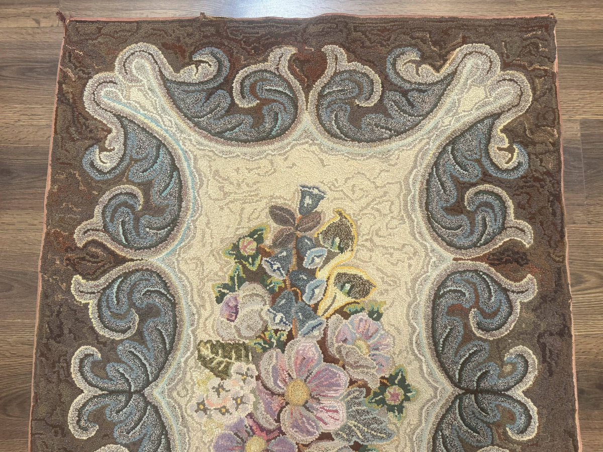 Antique American Hooked Rug 3 x 4.6, Vintage, Floral - Jewel Rugs, view 4