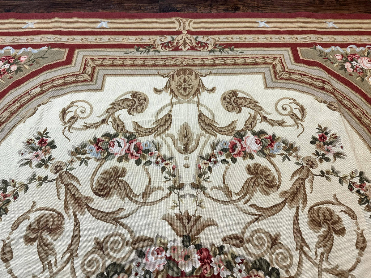 Aubusson Needlepoint Rug 9x11, Handmade Vintage Wool Flatweave Carpet, Elegant European Rug, Floral, Cream - Jewel Rugs, view 4