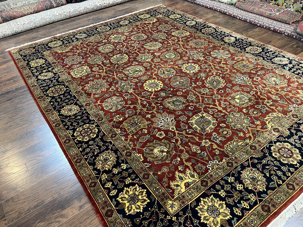 Indo Persian Rug 9x12, Hand Knotted Traditional Indian Wool Oriental Carpet 9 x 12 ft, Maroon and Navy Blue, Floral Allover 9x12 Vintage Rug - Jewel Rugs, view 12