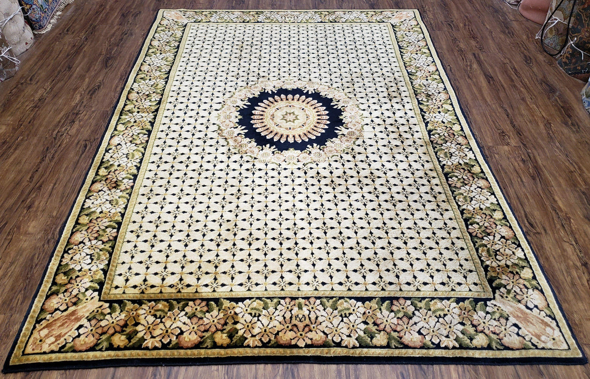 Indian Rug with Tibetan Weave, 6x8 - 6x9 Rugs, Indo-Tibetan Rug, Black and Cream Beige Tan, Floral Border, Soft Rug, Handmade Area Rug, Wool - Jewel Rugs, view 2