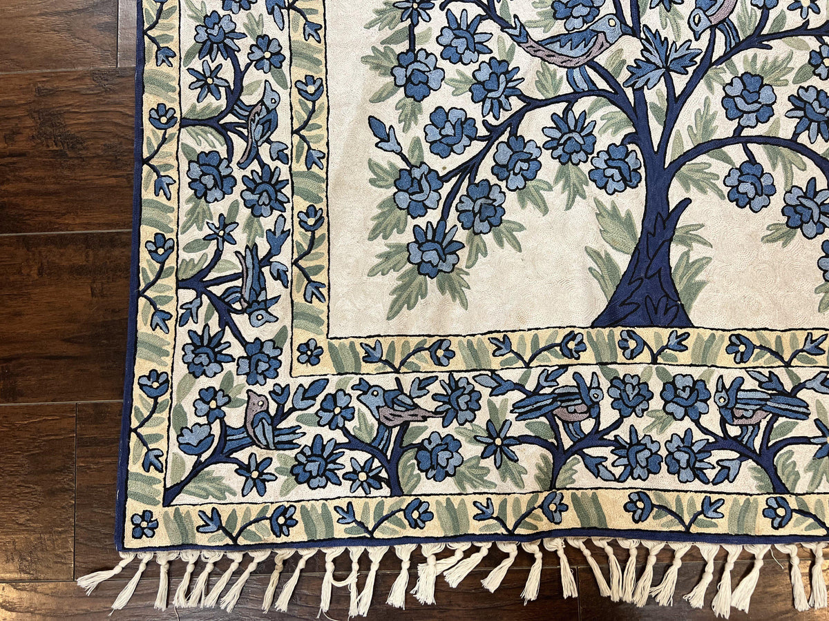 Tree of Life Indian Hand Stitched Rug 4x6, Indian Wall Hanging Rug, Ivory Blue, Silk on Cotton, Vintage - Jewel Rugs, view 9