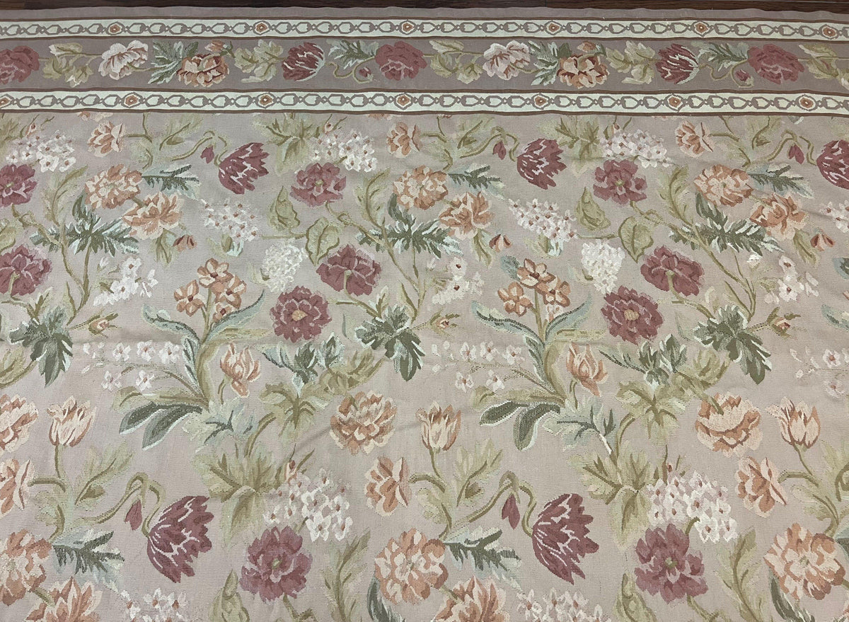 Aubusson Rug 9x12, Pink Beige Light Mauve, Handmade Allover Floral Roses, Wool Flatweave Carpet 9 x 12 ft, European French Design, Elegant - Jewel Rugs, view 4