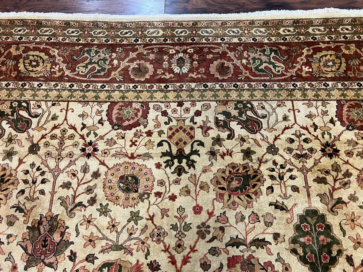 Large Indian Rug 10x14, Hand Knotted Indo Persian Gandehar Oriental Carpet, Vintage Wool Rug 10 x 14 ft Cream Red Floral Allover Traditional - Jewel Rugs, view 4