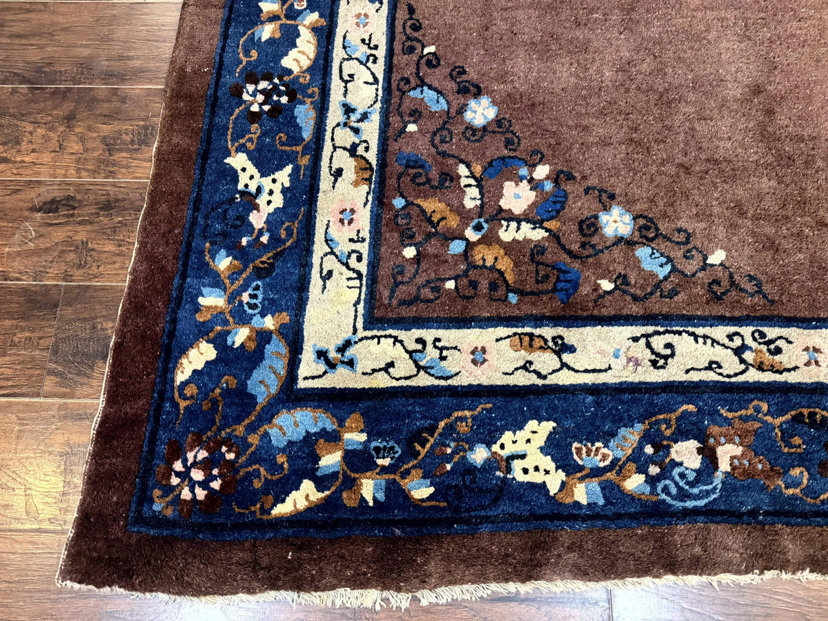 Antique Chinese Wool Rug 9x11, Large Chinese Art Deco Rug, Peking Rug, Brown and Blue, Open Field, Fete Rug - Jewel Rugs, view 9