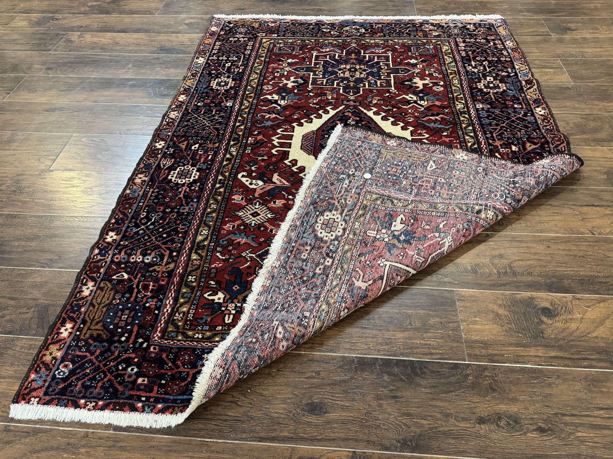 Persian Karajeh Rug 5x6, Antique Heriz Carpet, Geometric, Persian Tribal Rug, Brick Red Navy Blue - Jewel Rugs, view 12
