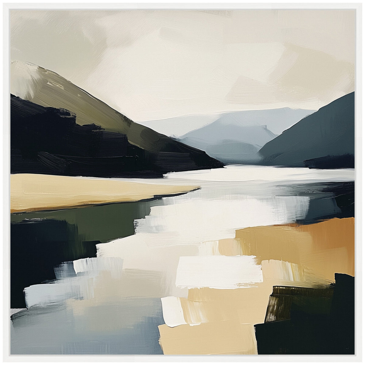 Sylvie Mountain Lake Modern Abstract Landscape Framed Canvas by The Creative Bunch Studio