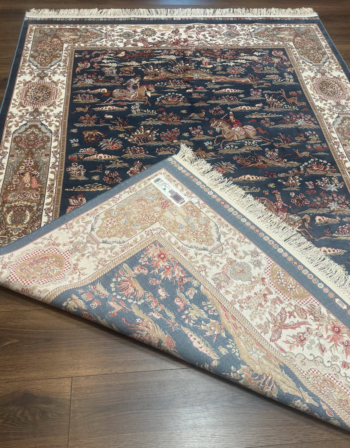 Turkish Silk Rug 5x8, Hunting Design, Animal Pictorials, Steel Blue & Ivory, Bamboo Silk - Jewel Rugs, view 11
