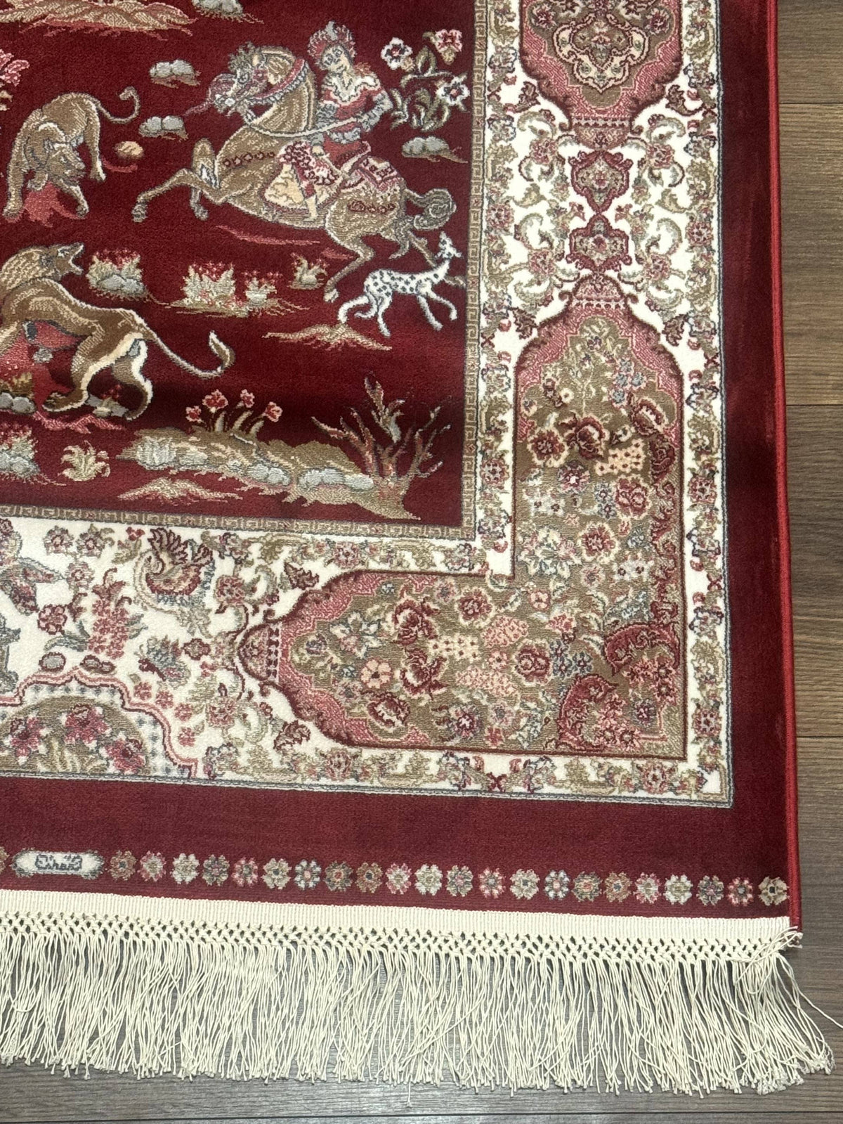 Turkish Silk Rug 2.6 x 6.7, Hunting Design, Short Runner Rug, Red & Ivory, Bamboo Silk, New - Jewel Rugs, view 10