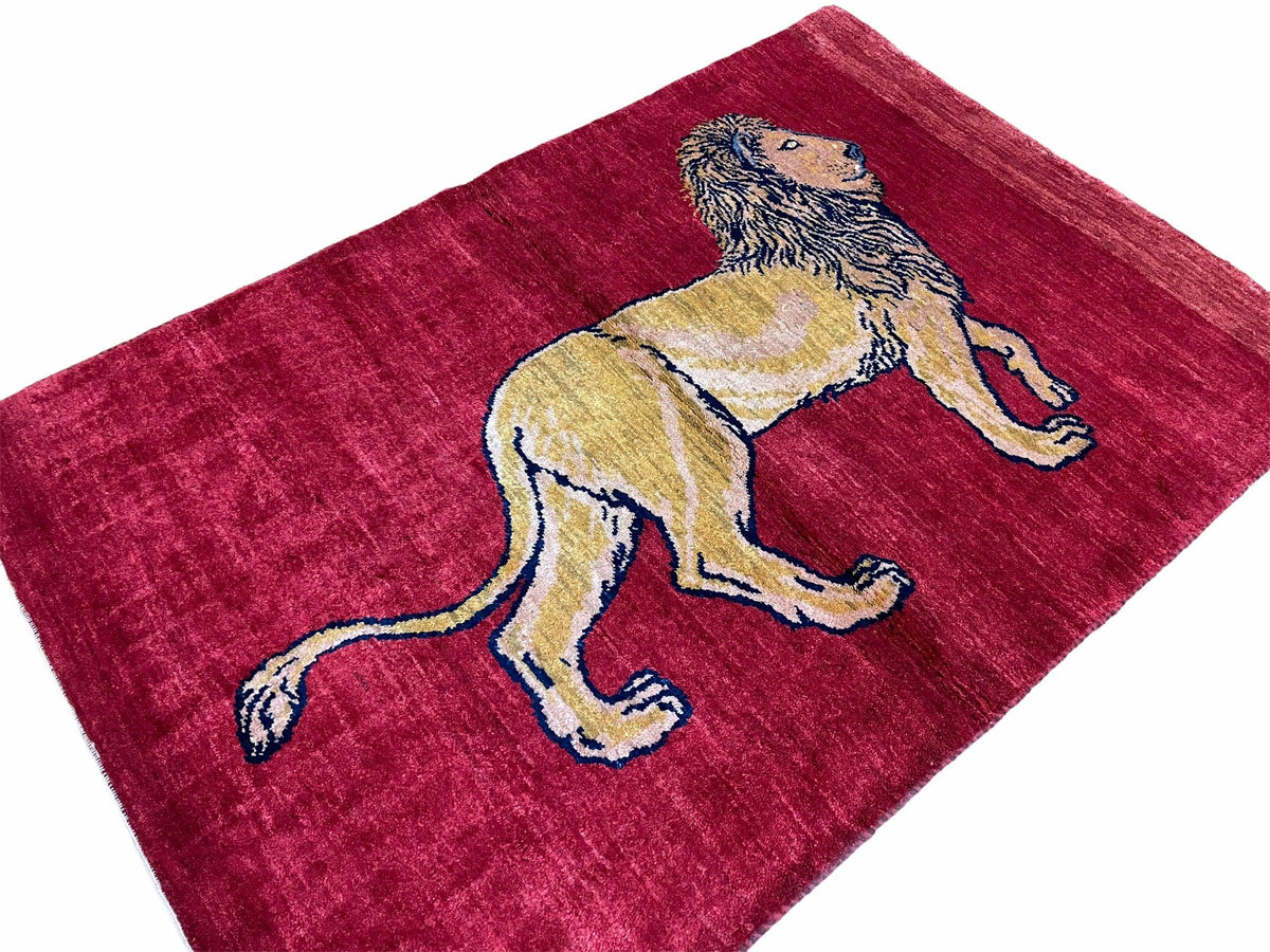 3 X 5 Handmade Hand-Knotted Rug Quality Wool Pictorial Lion Red Organic Dyes - Jewel Rugs, view 2